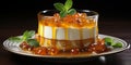 Cheese cake with caramel and sugar syrup on a glass cup