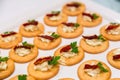 Cheese canape with chili on crackers Royalty Free Stock Photo