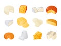 Cheese. Cartoon milk products pieces. Gourmet dairy food set. Dor blue and cheddar. Brie or camembert. Delicious gouda