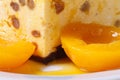 Cheese casserole with raisins and peaches macro horizontal Royalty Free Stock Photo
