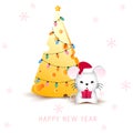 Cheese Christmas tree and cute mouse or rat symbol of 2020 new year with Santa red hat and gift box Royalty Free Stock Photo