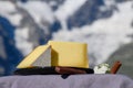 Cheese collection, French cow cheese comte, beaufort, abondance and french mountains village in summer in Haute-Savoie on Royalty Free Stock Photo