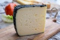 Cheese collection, French fol epi  cheese with many little holes, etorki, tomme noire des pyrenees and ossau iraty cheese Royalty Free Stock Photo