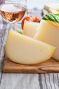 Cheese collection, French fol epi  cheese with many little holes, etorki  and ossau iraty cheese Royalty Free Stock Photo