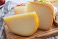 Cheese collection, French fol epi  cheese with many little holes, etorki  and ossau iraty cheese Royalty Free Stock Photo