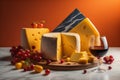 Cheese collection, French Gouda cheese served with red wine. generative ai