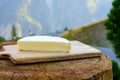 Cheese collection, French reblochon de savoie cheese served outdoor in Savoy region, with Alpine mountains peaks on background