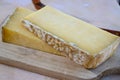 Cheese collection, hard French cheese old cantal fermier made from raw cow milk with rind close up