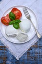 Cheese collection, organic mozzarella soft cheese served with ripe tomato and fresh green basil Royalty Free Stock Photo