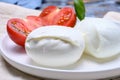 Cheese collection, organic mozzarella soft cheese served with ripe tomato and fresh green basil Royalty Free Stock Photo