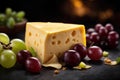 Cheese collection, piece of Swedish hard yellow cheese and grapes on dark background. Commercial promotional food photo