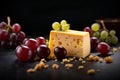 Cheese collection, piece of Swedish hard yellow cheese and grapes on dark background. Commercial promotional food photo