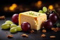 Cheese collection, piece of Swedish hard yellow cheese and grapes on dark background. Commercial promotional food photo