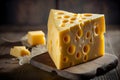 Cheese collection, piece of Swiss medium-hard yellow cheese emmental with holes close up. AI Generative