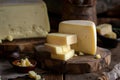 Cheese collection, pieces of hard cheese emmental or emmentaler close up Royalty Free Stock Photo
