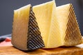 Cheese collection, pieces of hard Spanish manchego curado, viejo and iberico cheeses Royalty Free Stock Photo