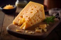 Cheese collection, pieces of Swiss medium-hard yellow cheese with holes made from cow milk. AI Generative