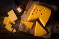 Cheese collection, pieces of Swiss medium-hard yellow cheese with holes made from cow milk. AI Generative