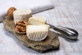 Cheese collection, soft goat French cheese with mold crottin de Chavignol produced in Loire Valley Royalty Free Stock Photo