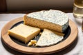 Cheese collection, variety of cheeses with tomatoes on wooden background. Generative AI