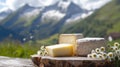 Cheese collection, wooden board with French cheeses comte, beaufort, abondance, emmental, morbier and french mountains