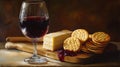Cheese, crackers, and wine for afternoon snack. Royalty Free Stock Photo