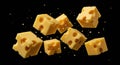 Cheese Cubes Falling on Black Background Dynamic Food Photography Royalty Free Stock Photo