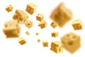 Cheese cubes levitate on a white background Royalty Free Stock Photo