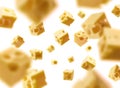 Cheese cubes levitate on a white background Royalty Free Stock Photo