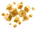 Cheese cubes levitate on a white background Royalty Free Stock Photo