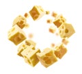 Cheese cubes levitate on a white background Royalty Free Stock Photo