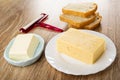 Cheese cutter, slices of bread, butter in plate, piece of cheese in plate on wooden table