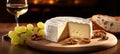 Cheese delicatessen on wooden plate with walnuts, perfect for wine pairing, romantic evenings