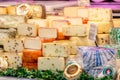 Cheese department. Variety of Italian cheeses. Showcase with different dairy products. Royalty Free Stock Photo