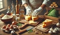 Cheese dices and slices being prepared by a chef in gloves, surrounded by fresh vegetables. Created using AI