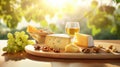 Cheese dish with walnuts, crackers on wooden plate, wine pairing, bright table, magical bokeh Royalty Free Stock Photo