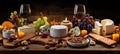 Cheese dish with walnuts and crackers on wooden plate, wine pairing, magical bokeh background. Royalty Free Stock Photo