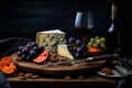 Cheese, dried fruits, wine, grapes in cozy dimly lit setting for relaxing evening