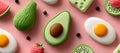 Cheese, egg, avocado, tomato, and fruitâhealthy food, image technology Royalty Free Stock Photo
