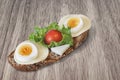 Sandwich Made Of Toasted Dark Bread With Egg And Cheese Slices Lettuce And Cherry Tomato Served On Walnut Wood Table Surface