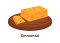 Cheese Emmental sort vector flat isolated slice icon on wooden platter Royalty Free Stock Photo
