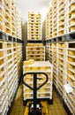 Cheese factory warehouse with shelves stacked with cheese Royalty Free Stock Photo