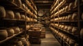 Cheese factory warehouse with shelves stacked with rows of cheese. Royalty Free Stock Photo