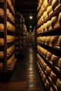 Cheese factory warehouse with shelves stacked with rows of cheese. Royalty Free Stock Photo