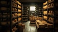 Cheese factory warehouse with shelves stacked with rows of cheese. Royalty Free Stock Photo