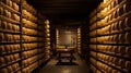 Cheese factory warehouse with shelves stacked with rows of cheese. Royalty Free Stock Photo