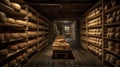 Cheese factory warehouse with shelves stacked with rows of cheese. Royalty Free Stock Photo