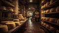 Cheese factory warehouse with shelves stacked with rows of cheese. Royalty Free Stock Photo