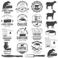 Cheese family farm badge design. Template for logo, branding design with block cheese, sheep lacaune on the grass, fork