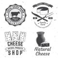 Cheese family farm badge design. Template for logo, branding design with block cheese, jug of milk, cow, fork, knife for